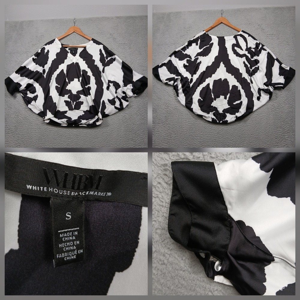 White House Black Market Women's‎ Top S Black White Abstract Batwing Blouse